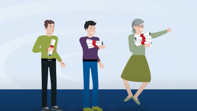 3 gezeichnete Personen, die Papierrollen in den Händen halten, ZVg. von Lustat