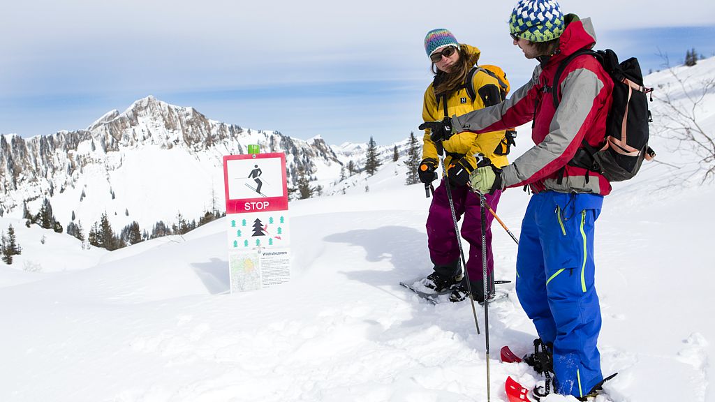 Schneeschuhläufer vor einem Stop-Zeichen "Wildschutzzonen"