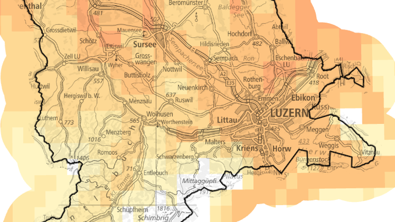 Eingefärbte Karte des Kantons Luzern mit Klimaprognose