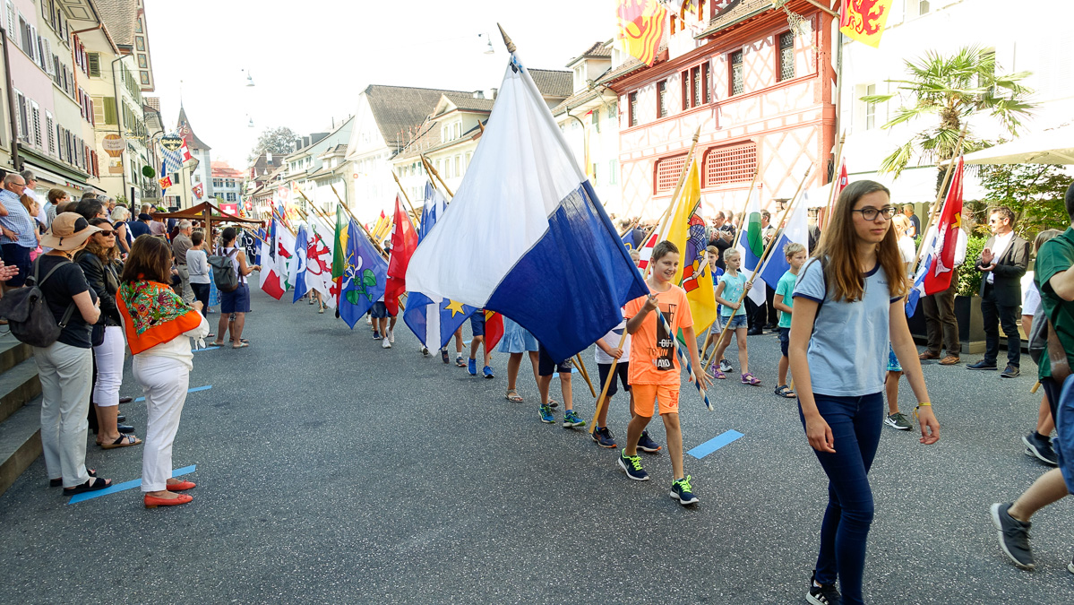 Die Sempacher Schulkinder mit den Fahnen der Luzerner Gemeinden