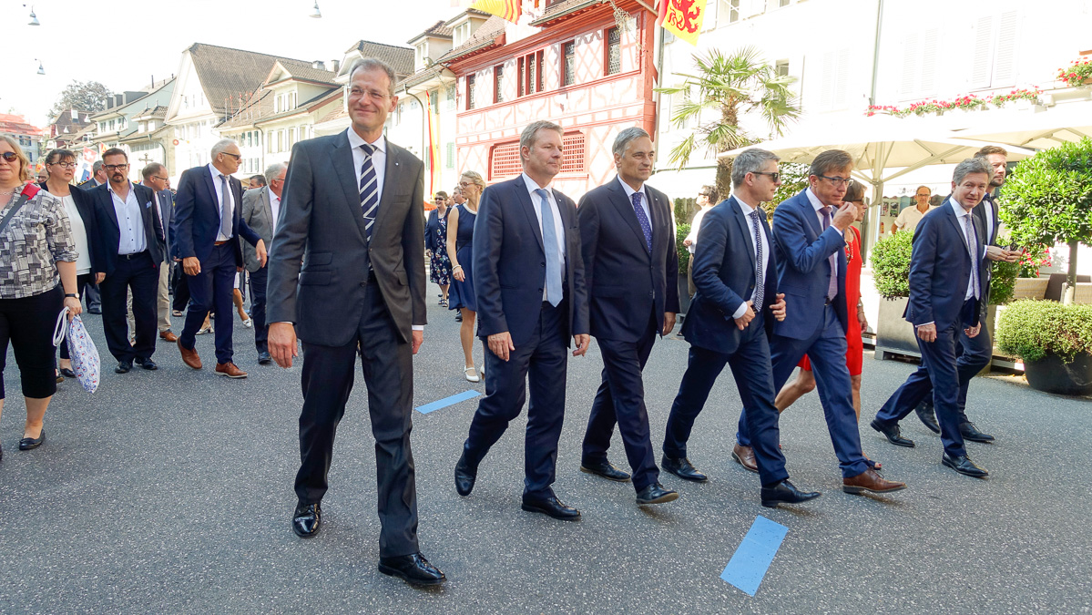 Die Regierungsräte Reto Wyss, Marcel Schwerzmann und Guido Graf, Staatsschreiber Lukas Gresch-Brunner